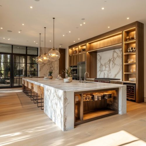 Warm Modernism_ Waterfall Marble Island with Integrated Walnut Storage & Ambient Lighting